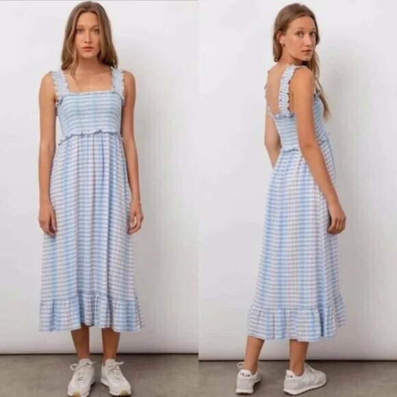 Rails Rumi Smocked Blue Ivory Sky Cherry Midi Linen Blend Dress Size Medium - Picture 2 of 11